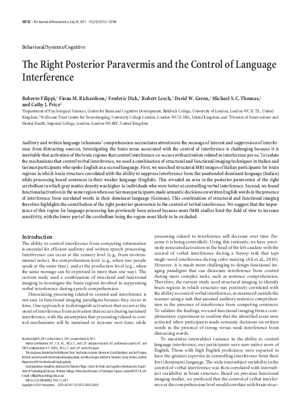 (PDF) The Right Posterior Paravermis and the Control of Language ...