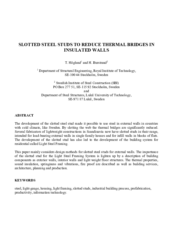 (PDF) Slotted steel studs to reduce thermal bridges in insulated walls