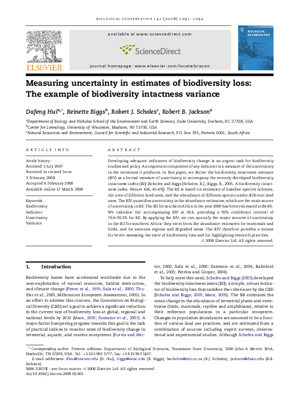 (PDF) Measuring uncertainty in estimates of biodiversity loss: The ...