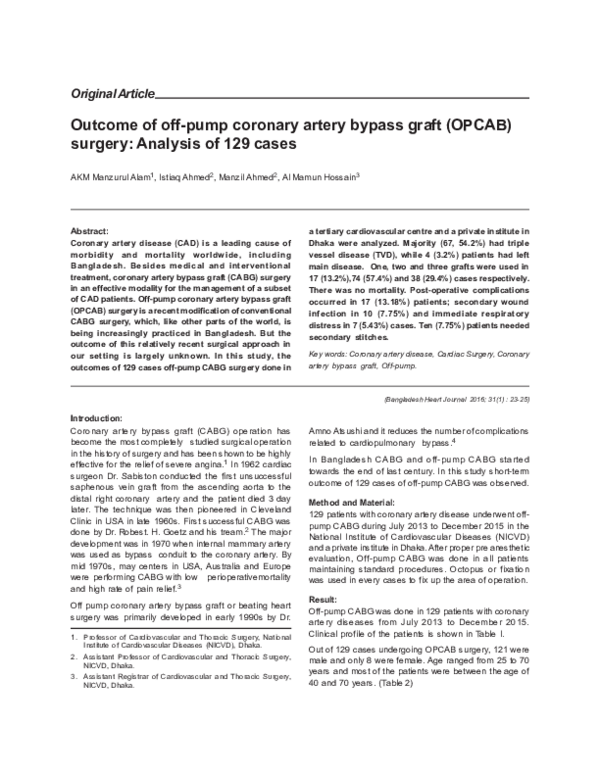 (PDF) Outcome of off-pump coronary artery bypass graft (OPCAB) surgery ...