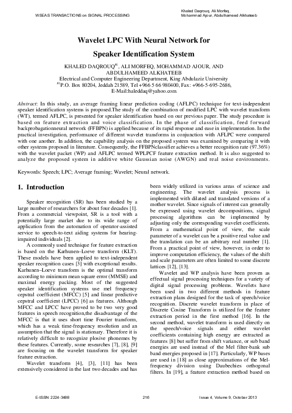 (PDF) Wavelet LPC With Neural Network for Speaker Identification System