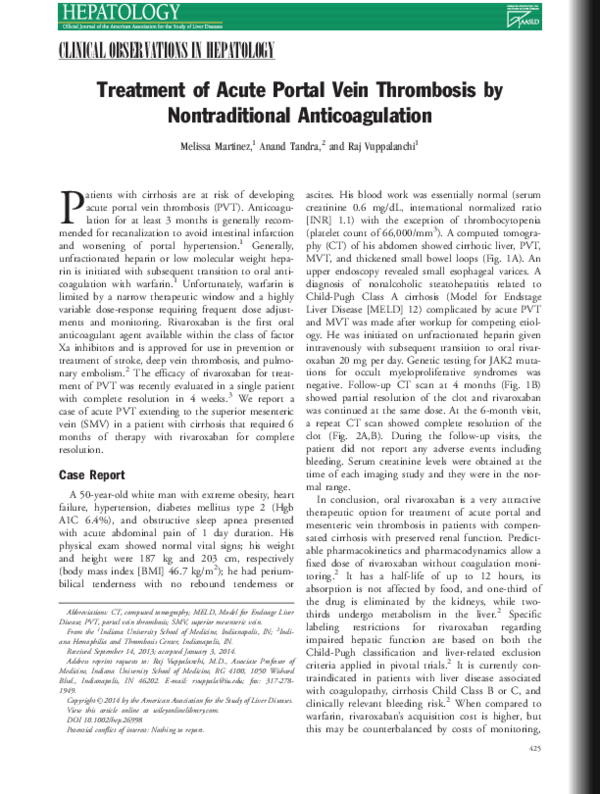 (PDF) Treatment of acute portal vein thrombosis by nontraditional ...