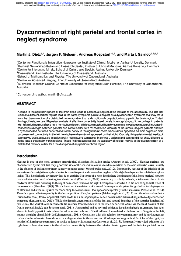 (PDF) Dysconnection of right parietal and frontal cortex in neglect ...