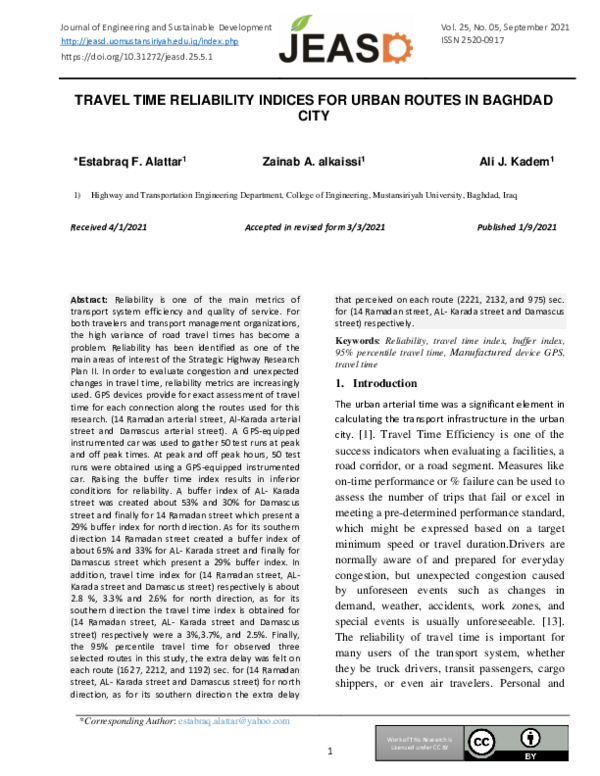 (PDF) Travel Time Reliability Indices for Urban Routes in Baghdad City