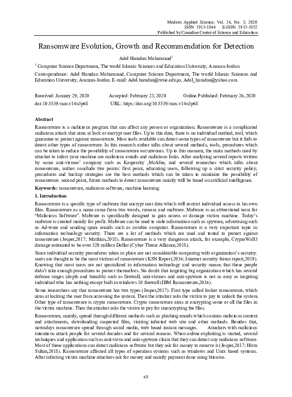 (PDF) Ransomware Evolution, Growth and Recommendation for Detection