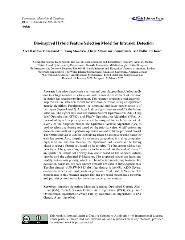 (PDF) Bio-inspired Hybrid Feature Selection Model for Intrusion Detection