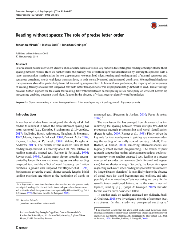 (PDF) Reading without spaces: The role of precise letter order