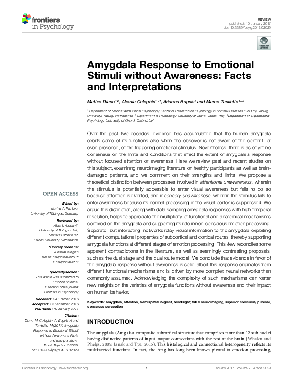 (PDF) Amygdala Response to Emotional Stimuli without Awareness: Facts ...