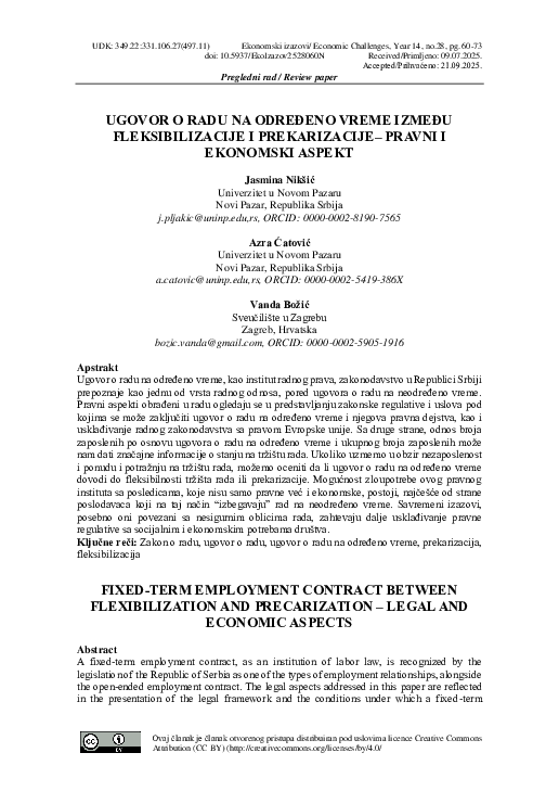 (PDF) UGOVOR O RADU NA ODREĐENO VREME IZMEĐU FLEKSIBILIZACIJE I ...
