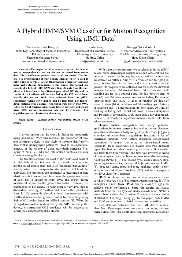 (PDF) A hybrid HMM/SVM classifier for motion recognition using μIMU data