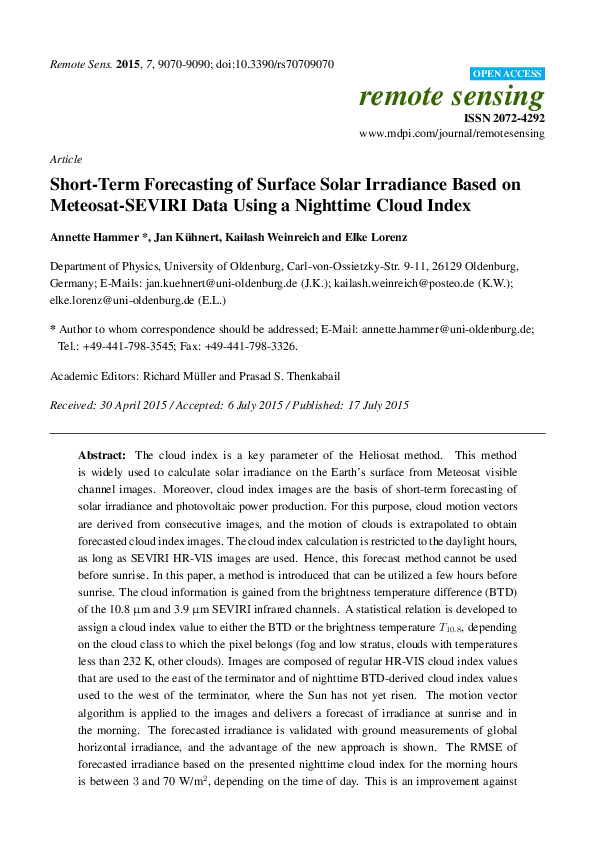 (PDF) Short-Term Forecasting of Surface Solar Irradiance Based on ...