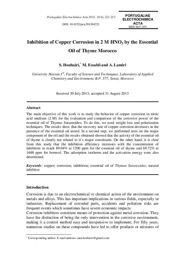 (PDF) Inhibition of Copper Corrosion in 2 M HNO3 by the Essential Oil ...