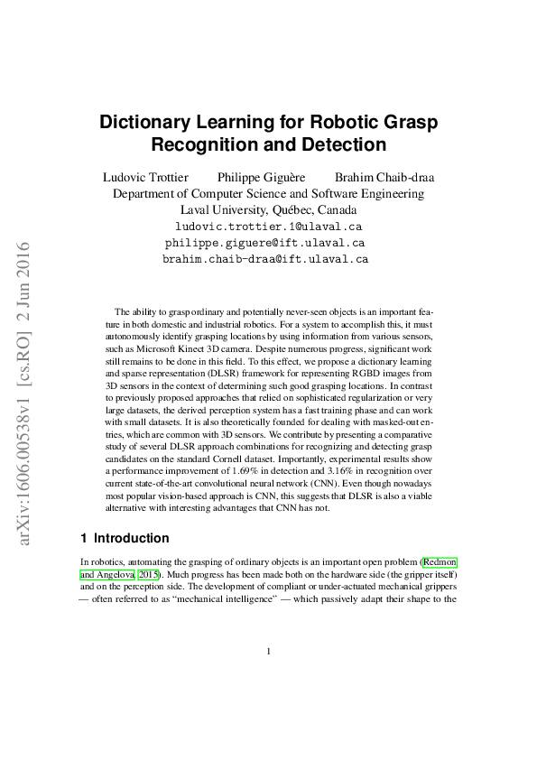 (PDF) Dictionary Learning for Robotic Grasp Recognition and Detection