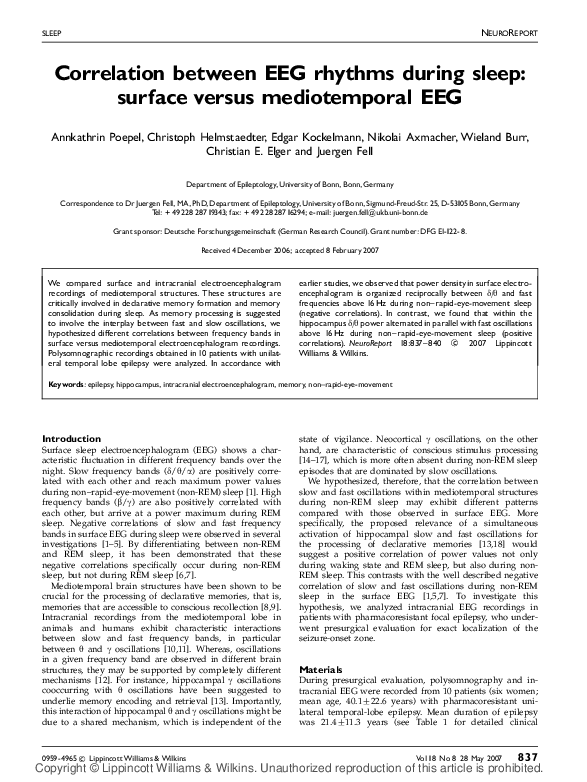 (PDF) Correlation between EEG rhythms during sleep: surface versus ...