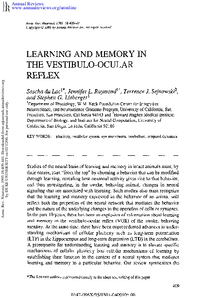 (PDF) Learning and Memory in the Vestibulo-Ocular Reflex