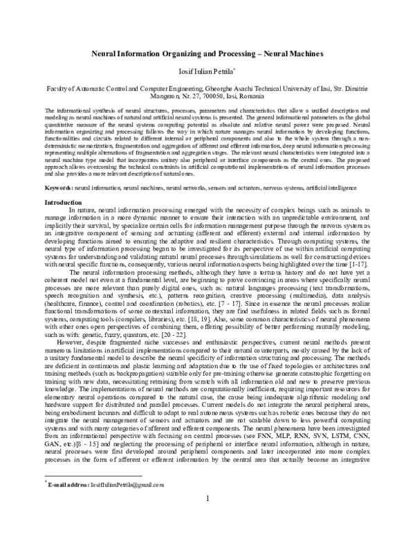 (PDF) Neural Information Organizing and Processing – Neural Machines