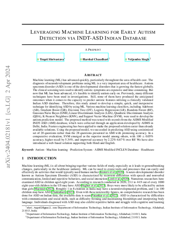 (PDF) Leveraging Machine Learning for Early Autism Detection via INDT ...