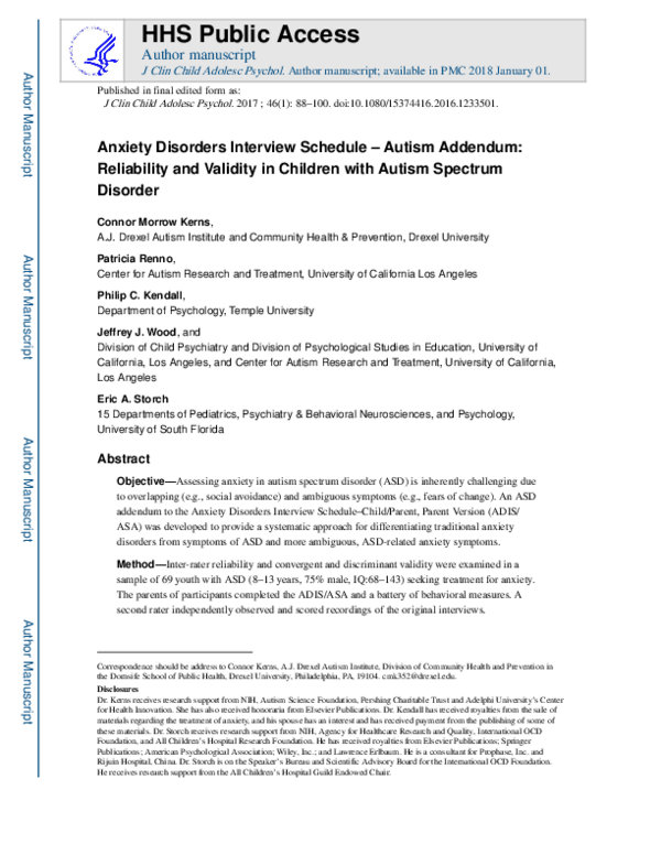 (PDF) Anxiety Disorders Interview Schedule-Autism Addendum: Reliability ...