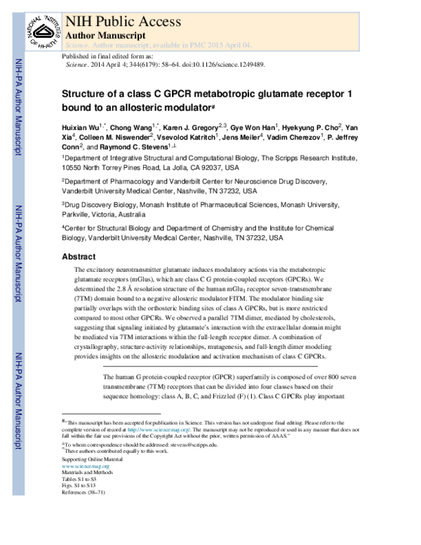 (PDF) Structure of a Class C GPCR Metabotropic Glutamate Receptor 1 ...