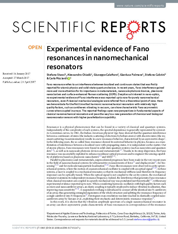 (PDF) Experimental evidence of Fano resonances in nanomechanical resonators