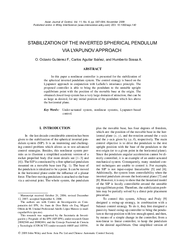 (PDF) Stabilization of the inverted spherical pendulum via Lyapunov ...