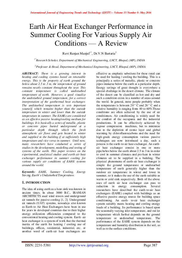 (PDF) Earth Air Heat Exchanger Performance in Summer Cooling For ...