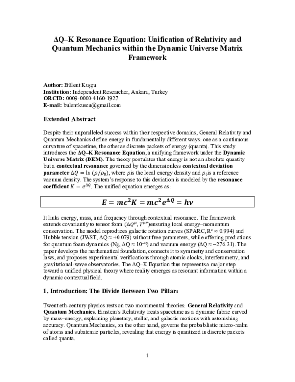 (PDF) ΔQ-K Resonance Equation: Unification of Relativity and Quantum ...