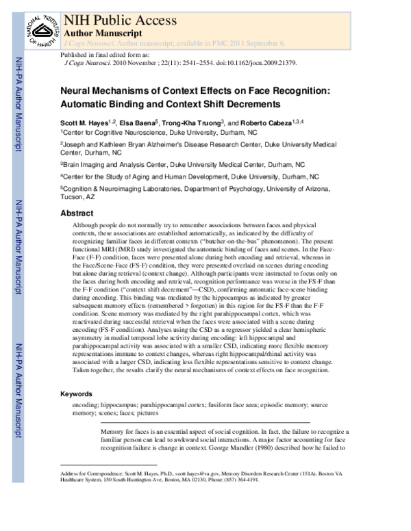 (PDF) Neural Mechanisms of Context Effects on Face Recognition ...