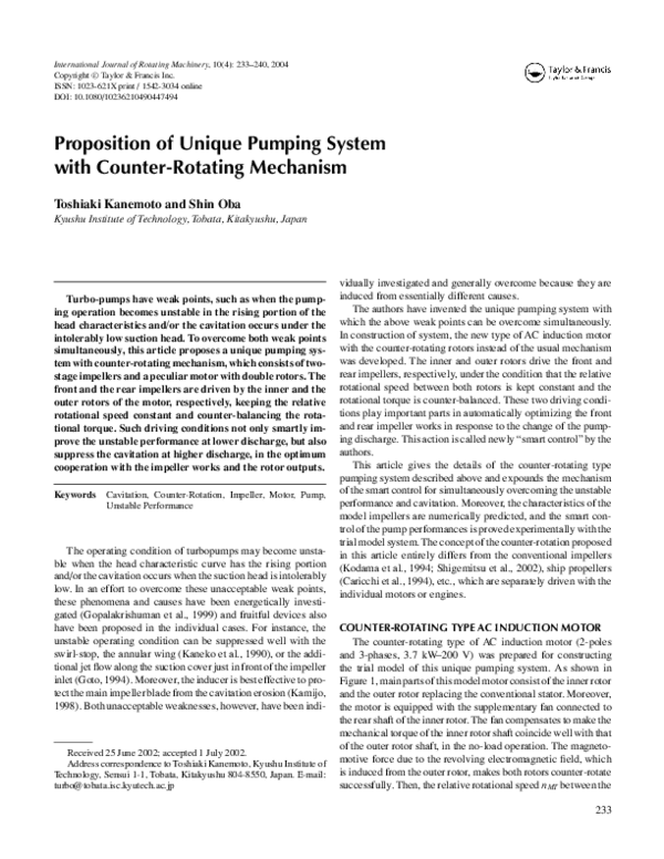 (PDF) Proposition of Unique Pumping System with Counter-Rotating Mechanism