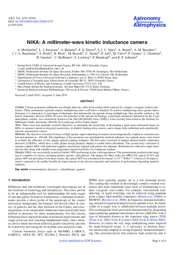(PDF) NIKA: A millimeter-wave kinetic inductance camera