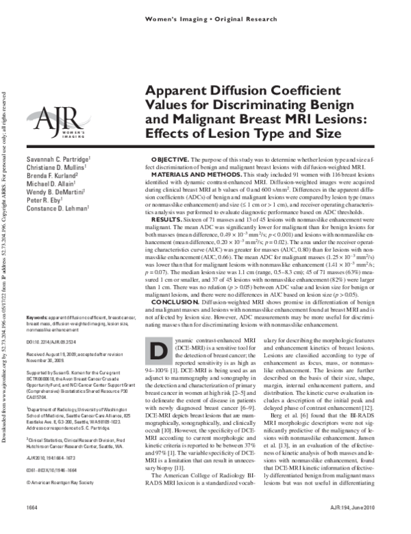 (PDF) Apparent Diffusion Coefficient Values for Discriminating Benign ...