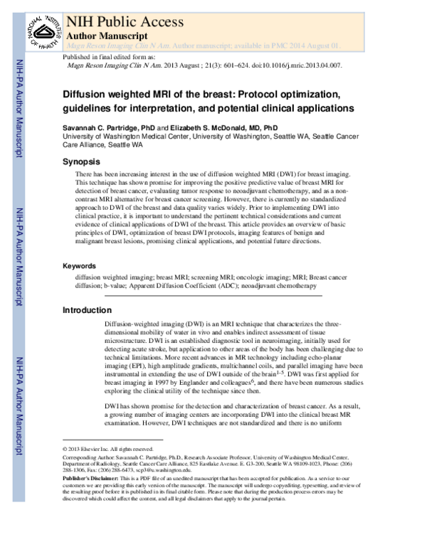 (PDF) Diffusion Weighted Magnetic Resonance Imaging of the Breast