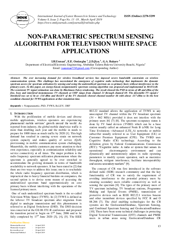 (PDF) Non-Parametric Spectrum Sensing Algorithm for Television White ...