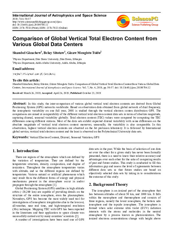 (PDF) Comparison of Global Vertical Total Electron Content from Various ...