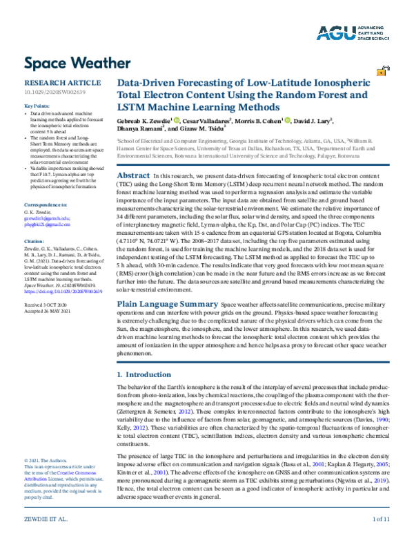 (PDF) Data‐Driven Forecasting of Low‐Latitude Ionospheric Total ...