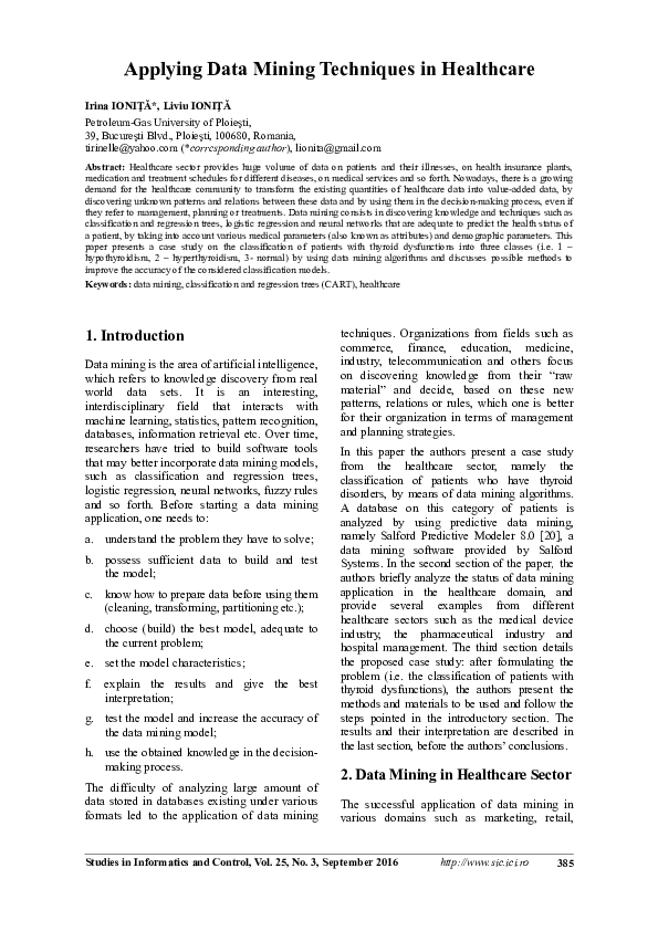 (PDF) Applying Data Mining Techniques in Healthcare