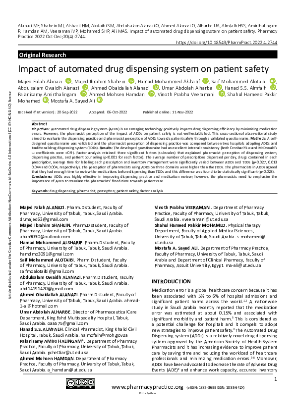 (PDF) Impact of automated drug dispensing system on patient safety