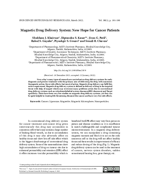 (PDF) Magnetic Drug Delivery System: New Hope for Cancer Patients