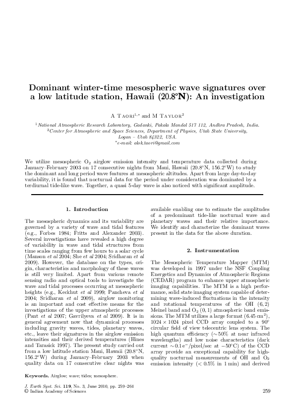 (PDF) Dominant winter-time mesospheric wave signatures over a low ...