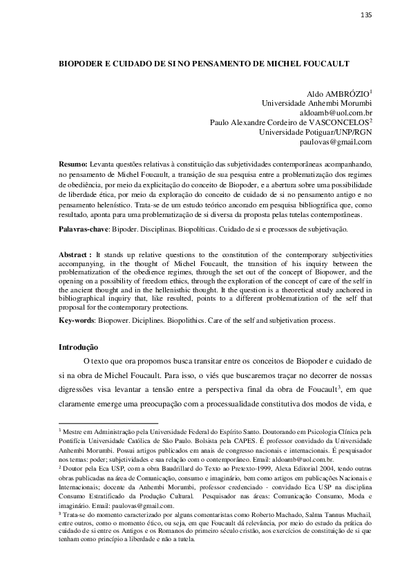 (PDF) Biopoder e Cuidado De Si No Pensamento De Michel Foucault
