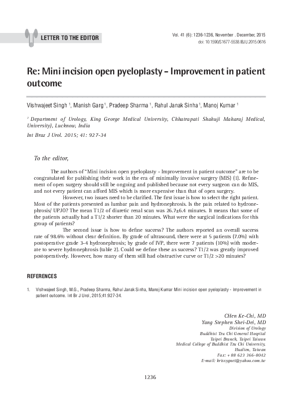 (PDF) Re: Mini incision open pyeloplasty – Improvement in patient outcome