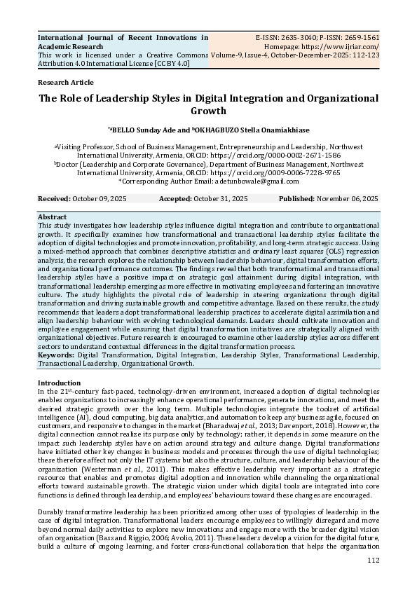 (PDF) The Role of Leadership Styles in Digital Integration and ...