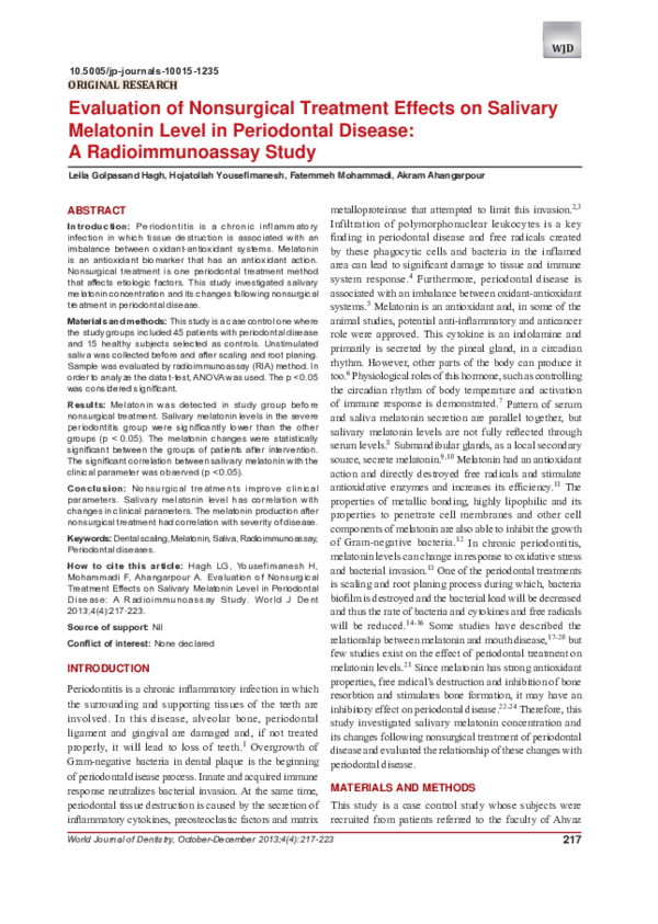 (PDF) Evaluation of Nonsurgical Treatment Effects on Salivary Melatonin ...