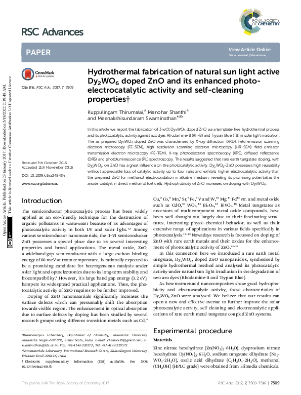 (PDF) Hydrothermal fabrication of natural sun light active Dy2WO6 doped ...