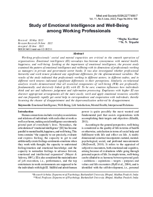 (PDF) Study of Emotional Intelligence and Well-Being among Working ...