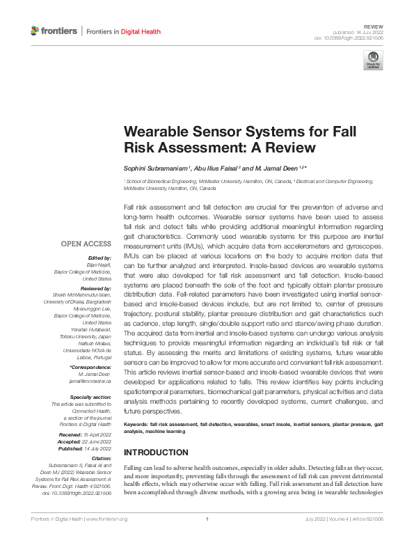 (PDF) Wearable Sensor Systems for Fall Risk Assessment: A Review