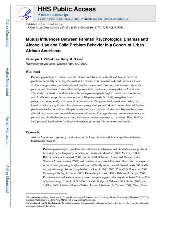 (PDF) Mutual Influences Between Parental Psychological Distress and ...