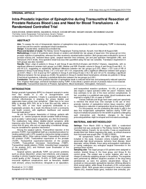 (PDF) Intra-Prostatic Injection of Epinephrine during Transurethral ...