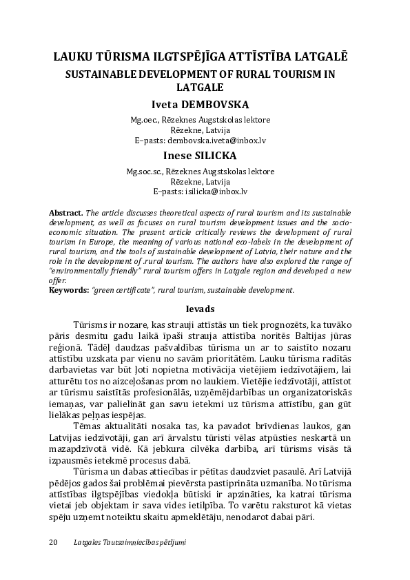 (PDF) Sustainable Development of Rural Tourism in Latgale