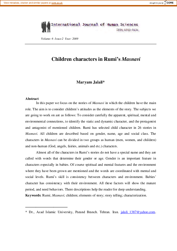 (PDF) Children Characters In Rumi's Masnavi